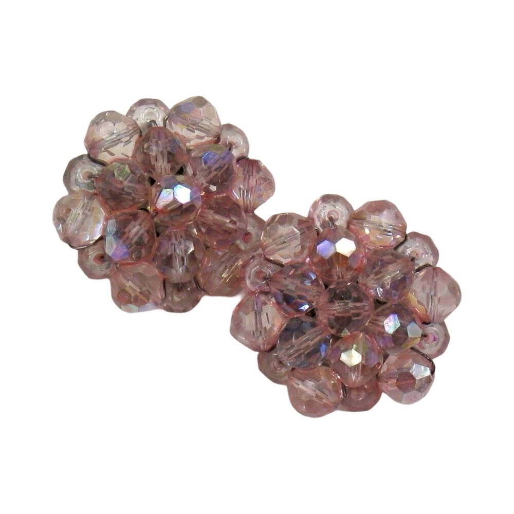 Vintage 1950s Pink Crystal Beaded Cluster Clip Earrings